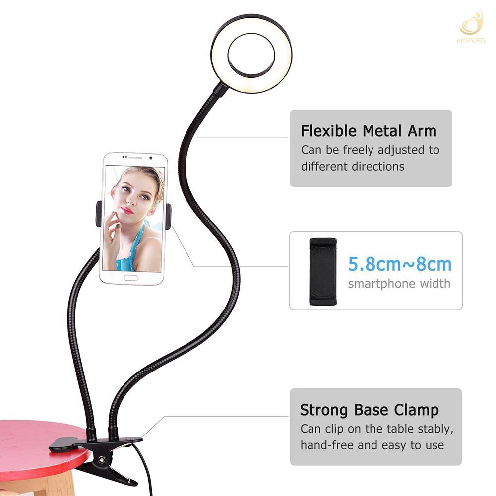 M&S Selfie Ring Light with Cell Phone Holder Stand for Live Stream/Makeup LED Camera Lighting 3-Light Mode with Flexible Arms