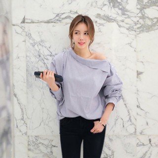 Áo sơ mi nữ form rộng kẻ sọc tay dài cổ xéo thời trang