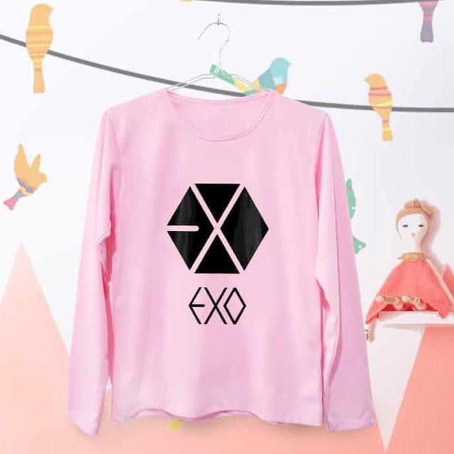 Áo Thun Tay Dài In Logo Exo Màu Hồng Dễ Thương Cho Nữ