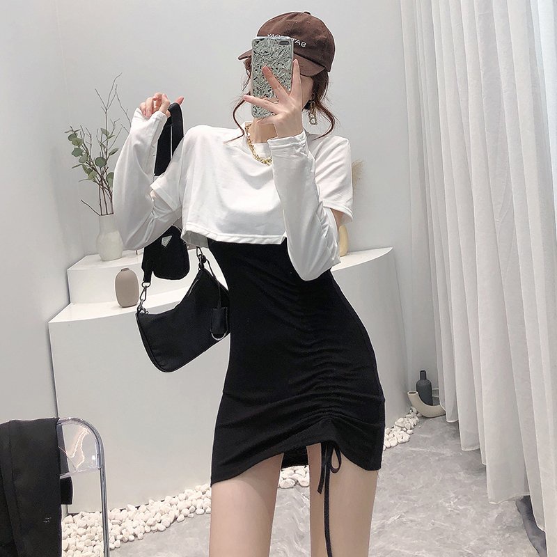 Đầm ngắn hai mảnh phối dây rút gợi cảm thời trang Hàn Quốc mới dành cho bạn nữ