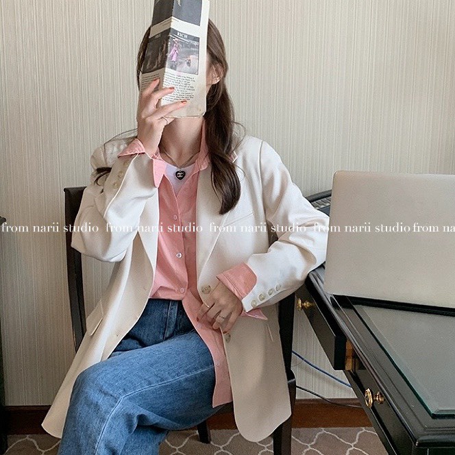 Áo sơ mi nữ form rộng NARII áo sơ mi công sở cao cấp Hàn Quốc hồng pastel