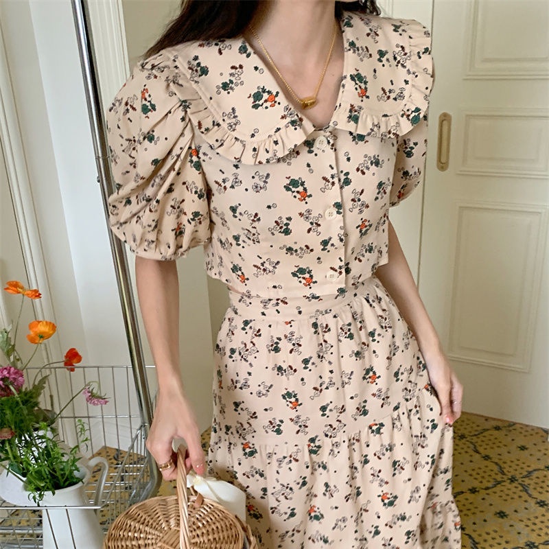 Set áo tay bong bóng kèm chân váy dáng chữ A thời trang phong cách Hàn Quốc xinh xắn