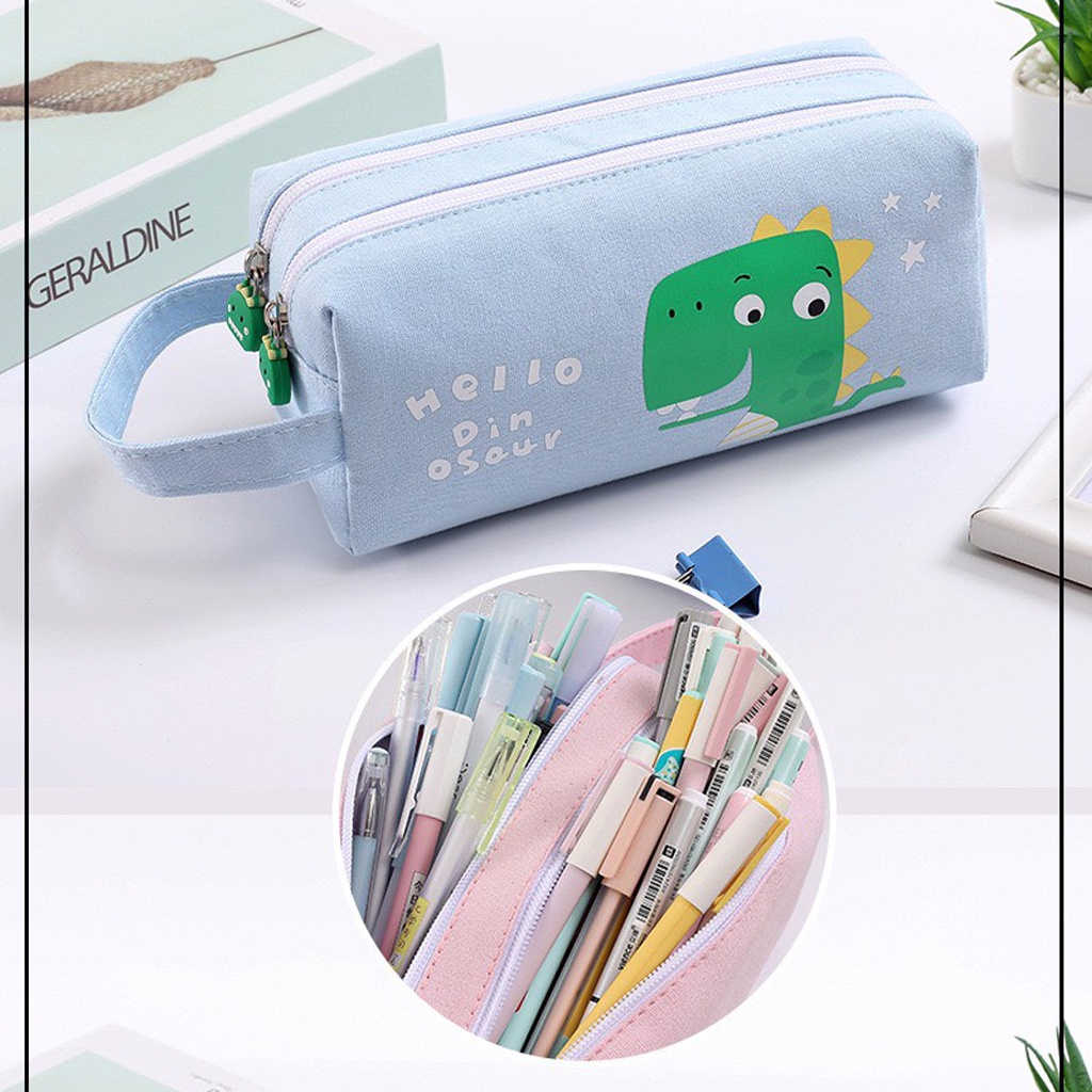 Túi đựng bút cute vải canvas 2 ngắn cỡ lớn, hộp đựng bút họa tiết hoạt hình xinh xắn TEZY BOOKS