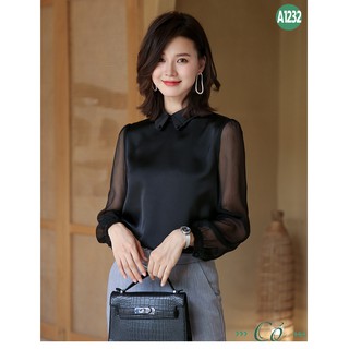 Áo sơ mi satin lụa tay phối voan - A1232