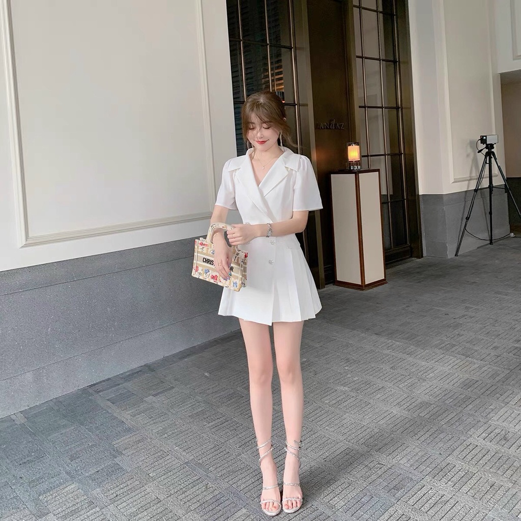 Đầm vest trắng nút bọc dập ly váy công sở nhẹ nhàng xinh xắn Kawaii Mise