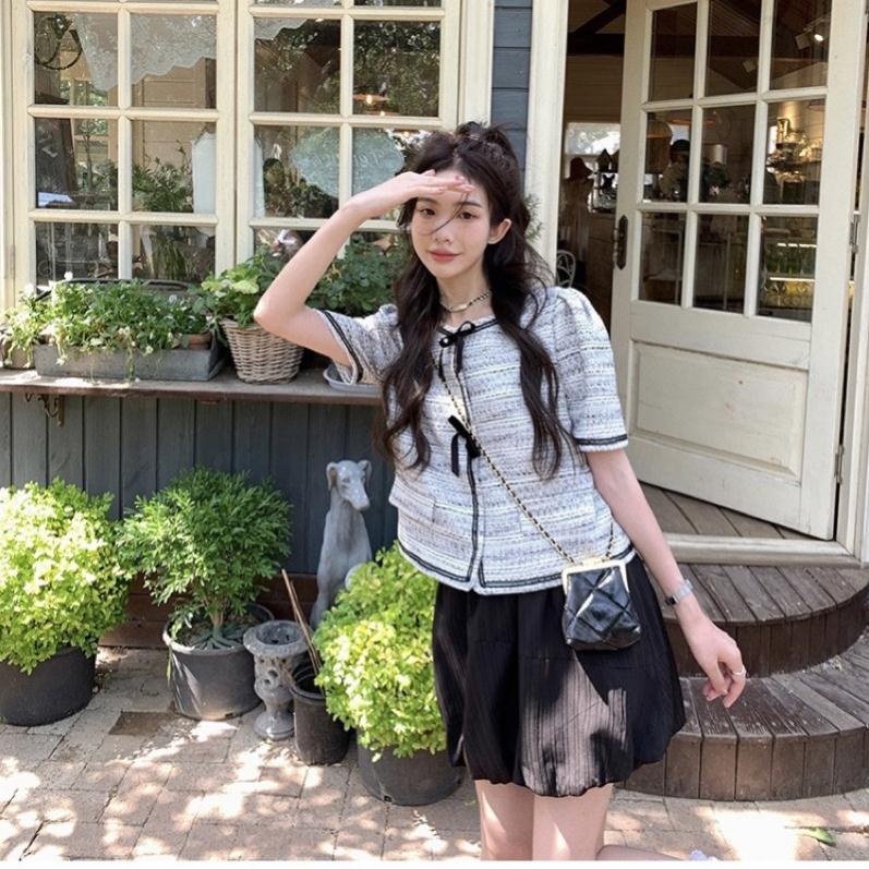 Set Áo Dạ Xám Tiêu Nơ Viền Ren Mix Chân Váy Phồng Có Ảnh Thật Clara Siêu Xinh
