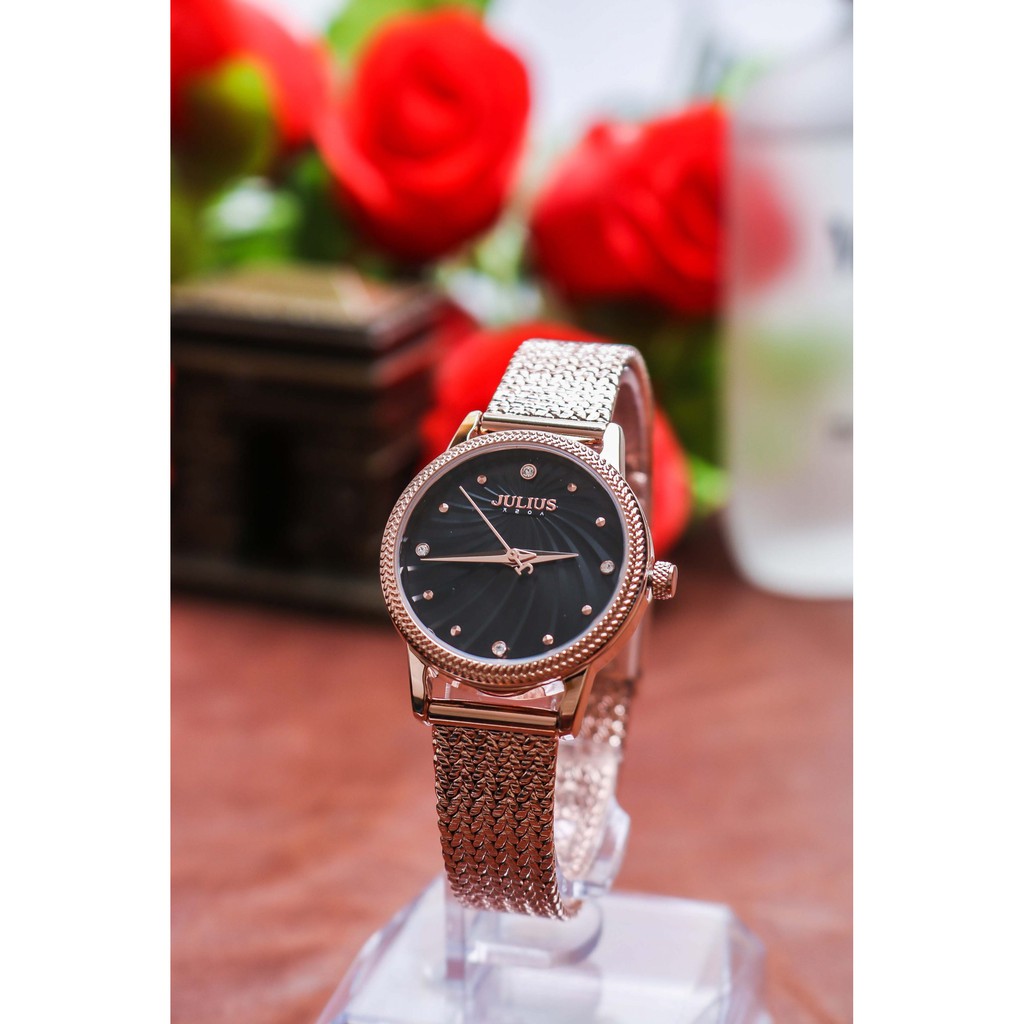 Đồng hồ nữ JA-1219D Julius Hàn Quốc dây thép (mặt đen)