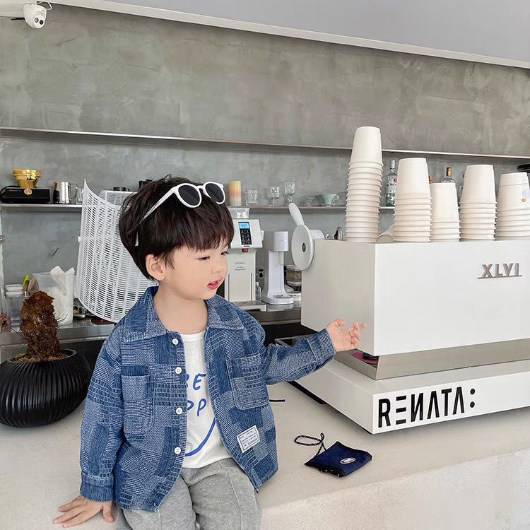 Áo khoác Denim họa tiết sọc caro phong cách Hàn quốc cho bé trai