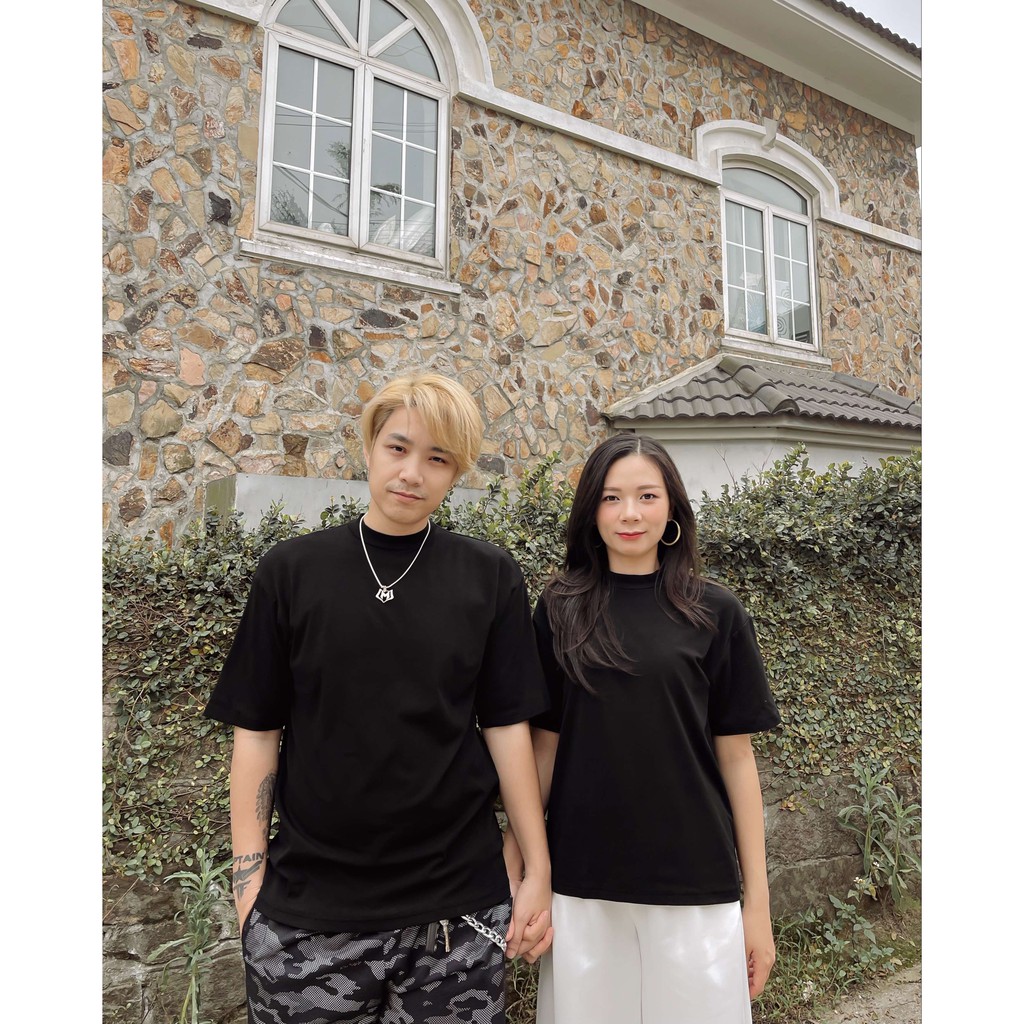 Áo thun nam nữ cổ 3cm trơn basic, chất cotton, thiết kế T-Ju màu đen trắng freesize dáng suông, hàn quốc (couple daily)