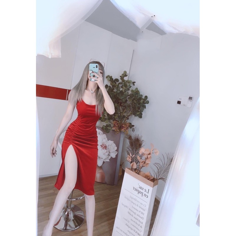 [Mã SKAMA06 giảm 8% tối đa 50K đơn 250K] Đầm Nhung Xích Xẻ Tà Nhún Cao Cấp Hình Thật Sp