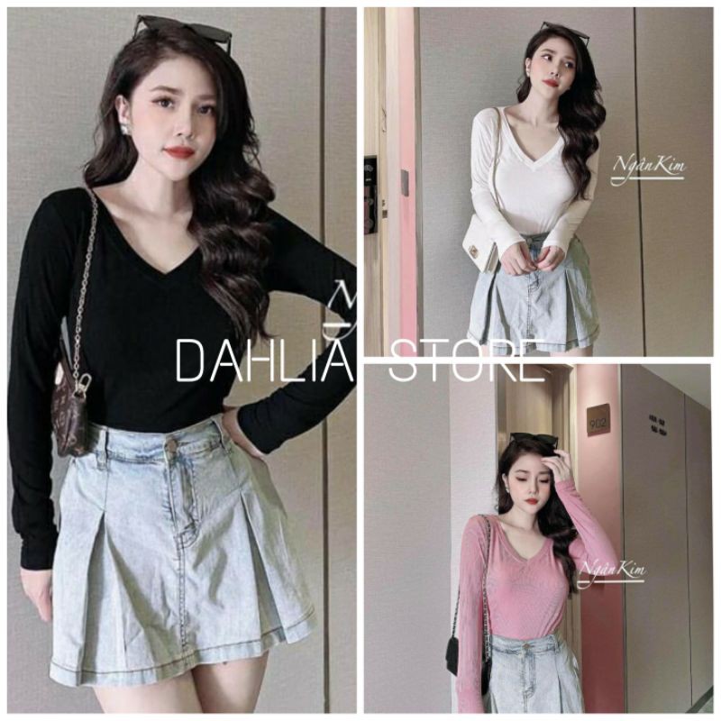 Áo Thun Tăm Giấy Cổ V Nữ 🌸 Phông cổ tim dài tay body dáng ôm màu Đen | Trắng | Hồng | Nâu Ulzzang HOT 🌸 💝