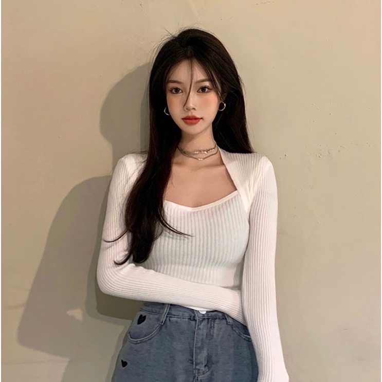 QKOOLE  Áo dệt kim cổ vuông tay dài thời trang retro Hàn Quốc dành cho nữ