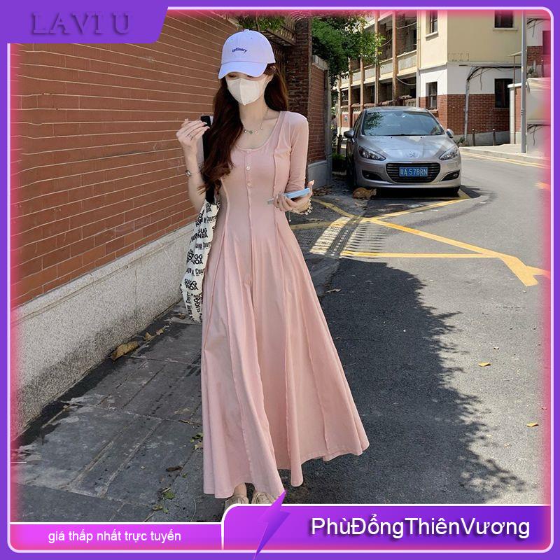 Đầm Dài Dáng Ôm Màu Hồng Thiết Kế Chiết Eo Thời Trang Mùa Hè Hàng Mới