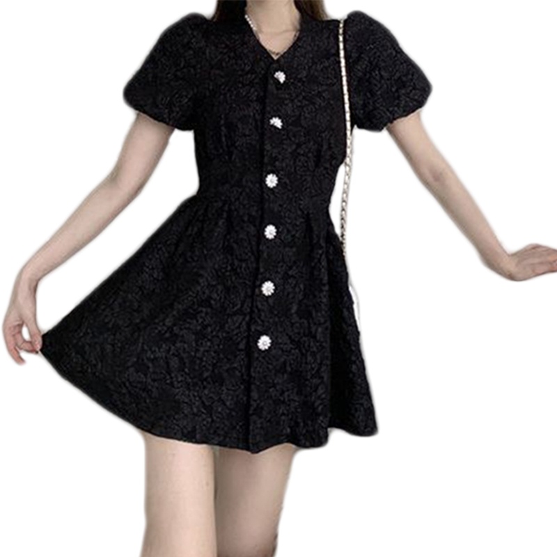 Đầm Chữ A Tay Ngắn Phồng Cổ Chữ V In Nổi Họa Tiết Hoa Thời Trang Sang Trọng Cho Nữ