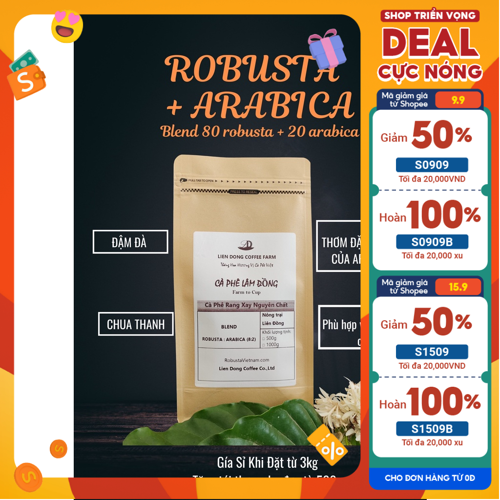 Cà phê Blend Coffee Robusta Arabica nguyên chất rang mộc giá xưởng Cafe nguyên chất đắng đậm, thơm béo LIEN DONG COFFEE