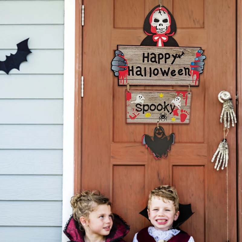Happy Halloween Bí Ngô Grim Reaper Creepy Treo Cửa Trang Trí Mùa Thu Bằng Gỗ Creepy