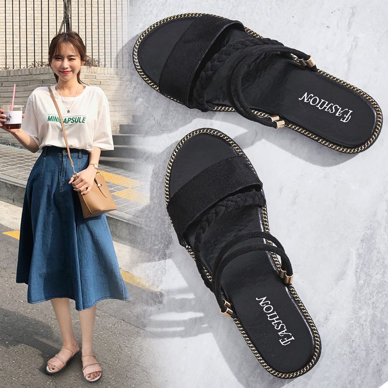 Two Wear--Sandals--Women's--Summer--Korean-Style--New--Open Toe--Flat--Casual--Sandals--Women's---Style--Students--Outer Wear--Slippers--Flat Heel