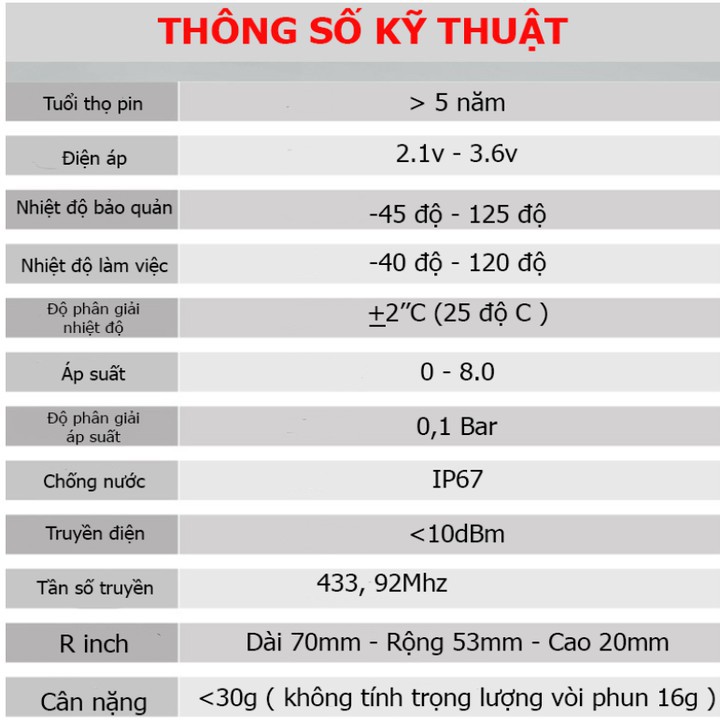 Cảm biến áp suất lốp gắn van trong ô tô - Tần số làm việc: 433.92 MHz - Điện áp làm việc: 2.1-3.6 V - Mã: TN03N