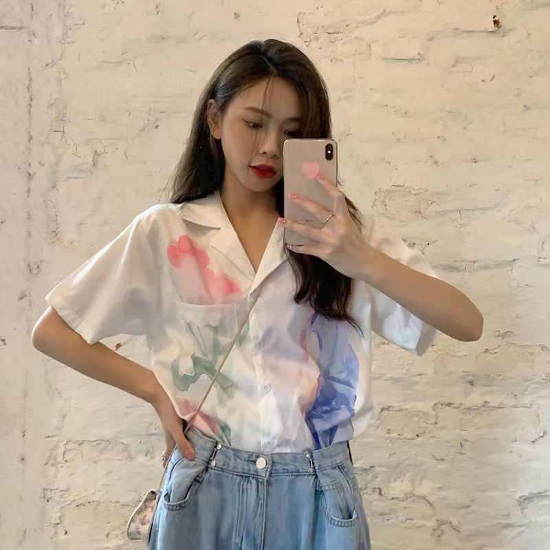 Áo Sơ Mi Ngắn Tay Dáng Rộng In Họa Tiết Vintage Thời Trang Mùa Hè Dành Cho Nữ