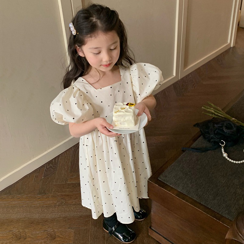 Đầm Công Chúa Tay Phồng Đính Nơ Họa Tiết Chấm Bi Kiểu Hàn Quốc Thời Trang Mùa Hè Cho Bé Gái Se7