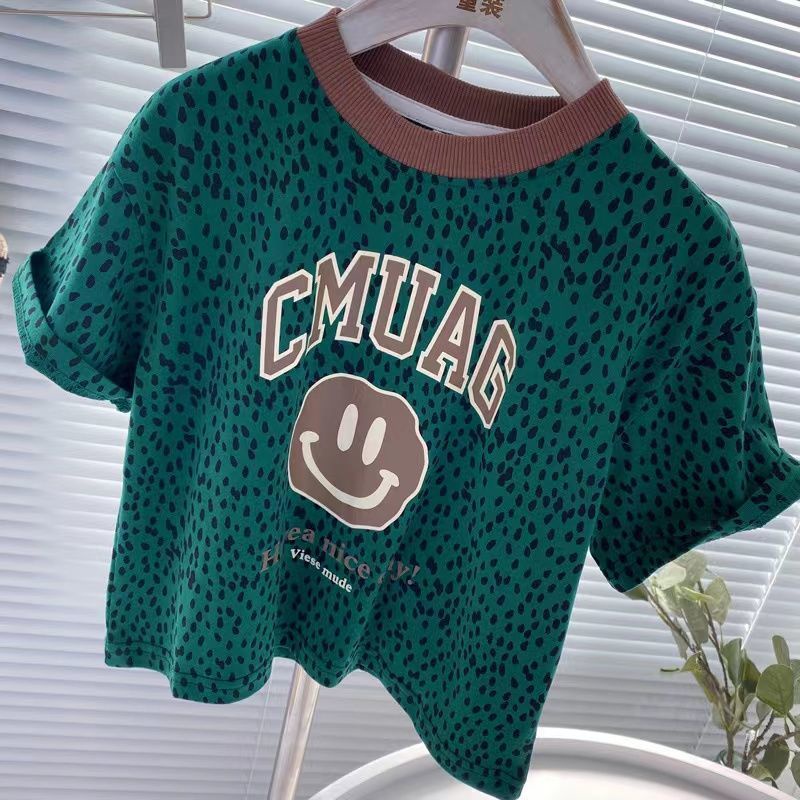 Áo Thun Cotton Tay Ngắn In Hình Mặt Cười / Da Báo Thời Trang Xuân Thu Cho Bé Trai