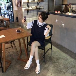 Set đầm suông viền kèm pull trắng