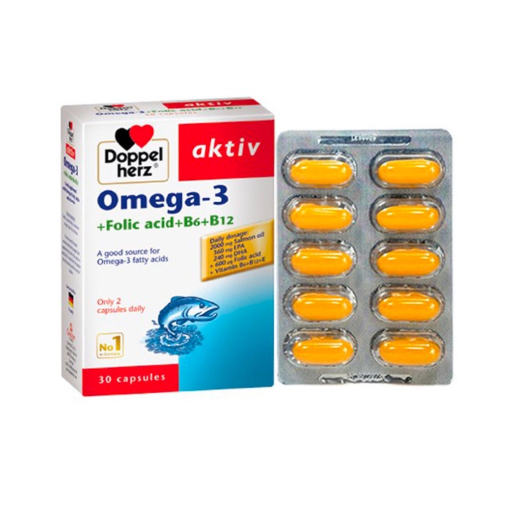 Viên Uống Omega 3 Doppelherz Aktiv Omega-3 + Folic Acid Giúp Tăng Cường Sức Khỏe Tim Mạch Và Thị Lực (Hộp 30 Viên)
