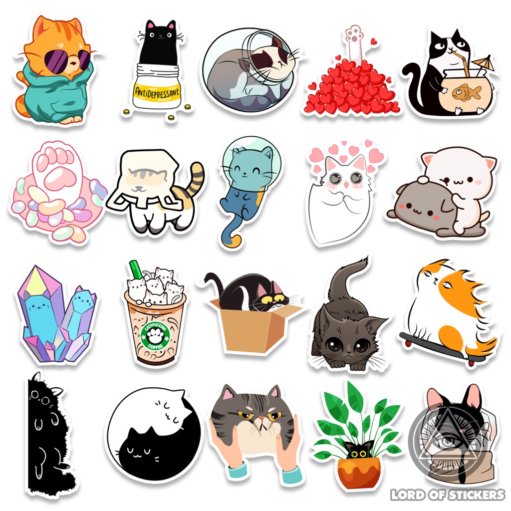 Set 50 Miếng Dán Phong Cách Hoạt Hình Mèo Cute Sticker Chibi Cat Chống Thấm Nước Trang Trí Mũ Nón Bảo Hiểm, Laptop, Sổ
