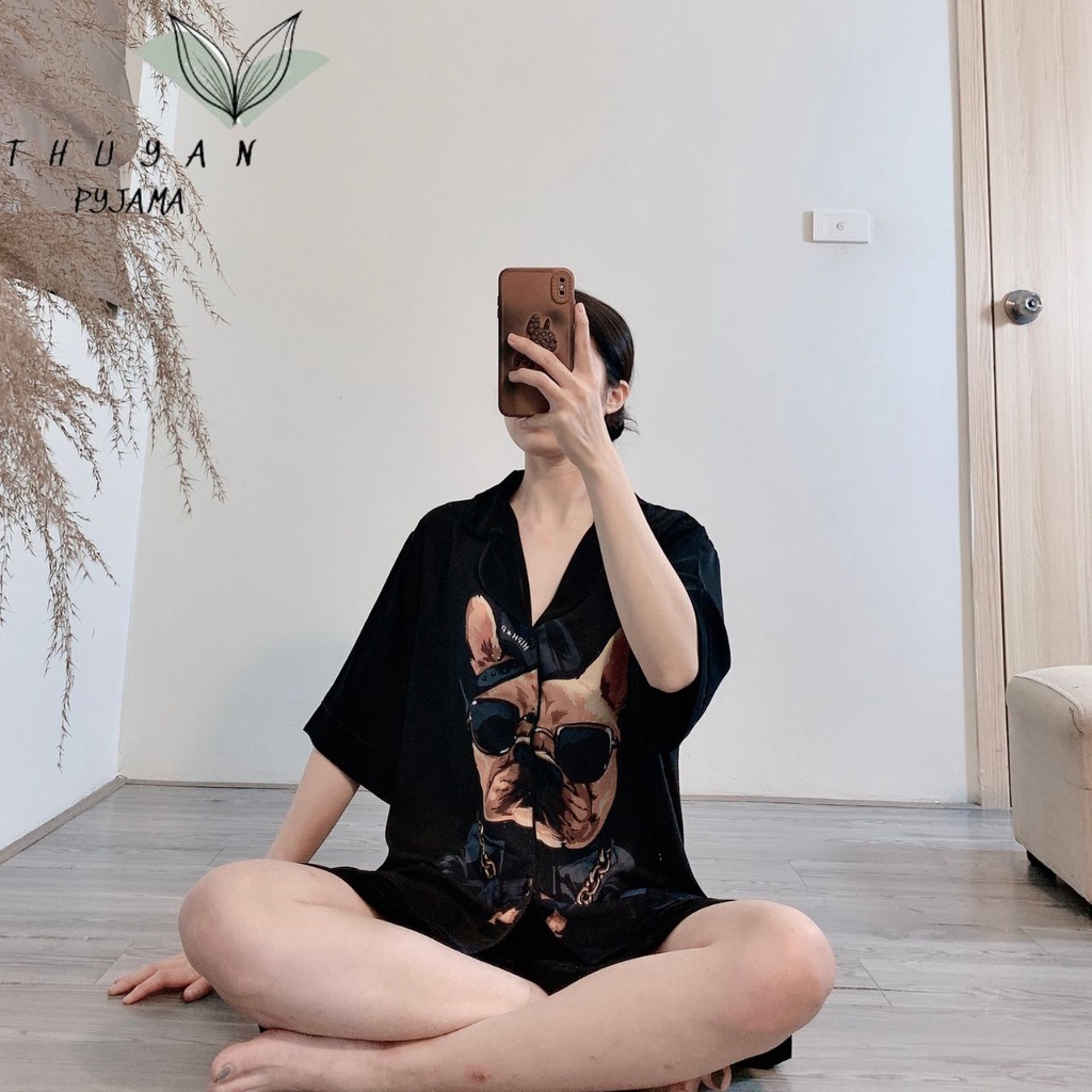 Bộ Pijama nữ bigsize chó Pitbull vàng cộc đùi chất lụa Mango ko nhăn dành cho nữ, mẹ bầu 60 - 90kg0kg