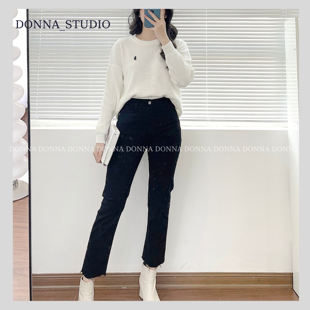 Quần Jean Nữ Ống Đứng Đen Không Gấu DONNA Quần Bò Lưng Cao Dễ Phối Đồ
