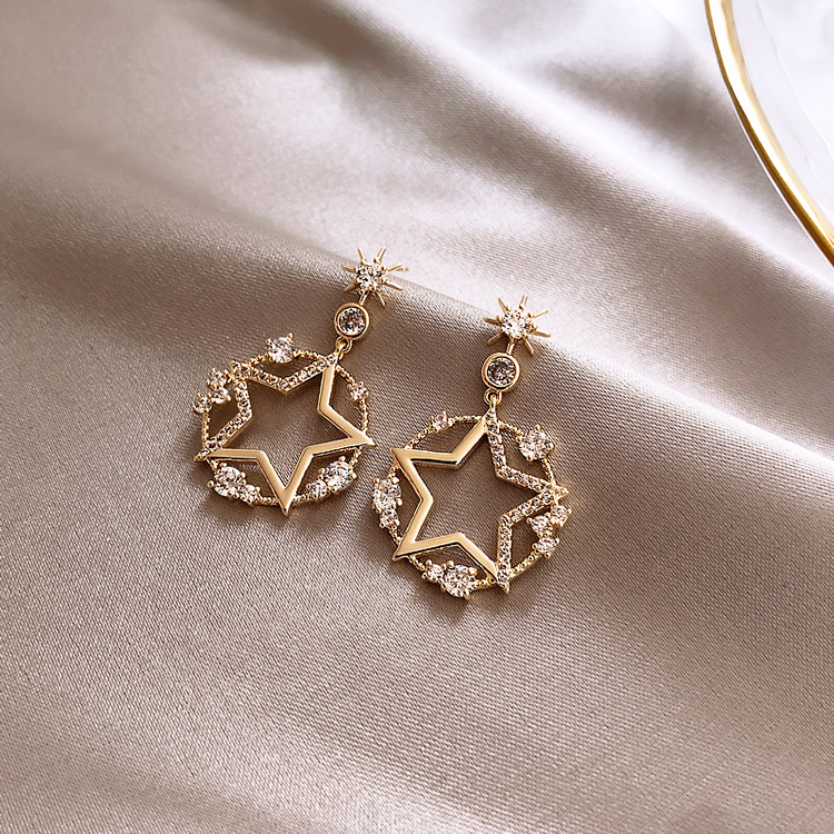 Star Earrings 925 Silver Needle Circle Five-pointed Korean Female Earrings