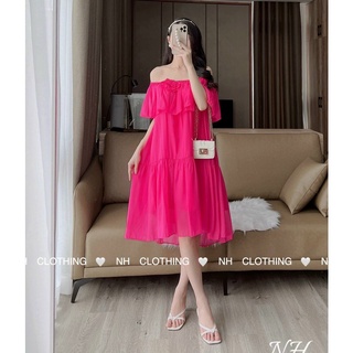 Đầm maxi voan tơ 2 lớp dáng suông xoè bẹt vai bèo kèm tag hoa