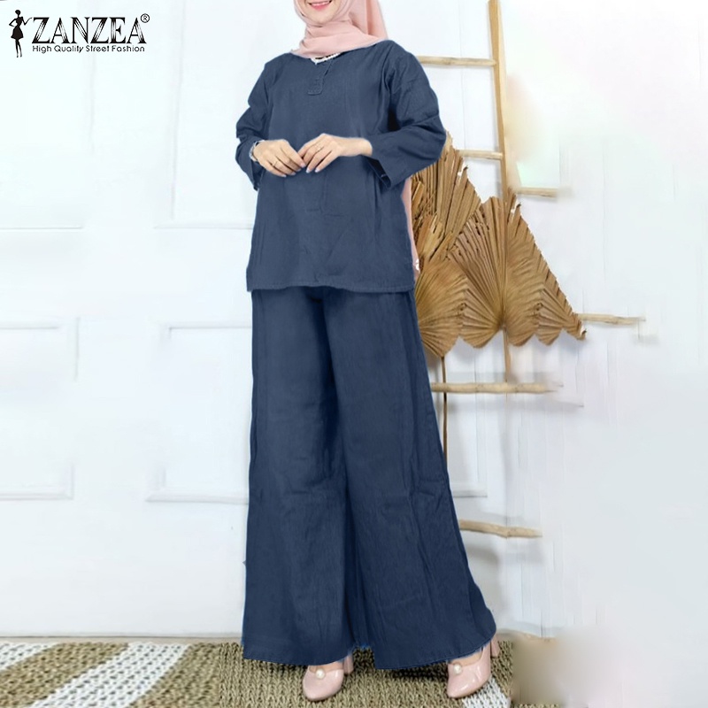 Zanzea Set Áo Denim Tay 3 / 4 Và Quần Dài Ống Rộng Thời Trang Nữ
