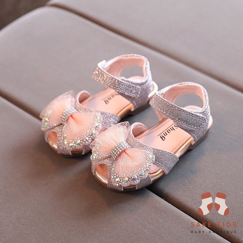 Giày tập đi cho bé gái - Sandal rọ Nơ đáng yêu có sequin cực điệu đế cao su mềm chống trơn trượt  A107