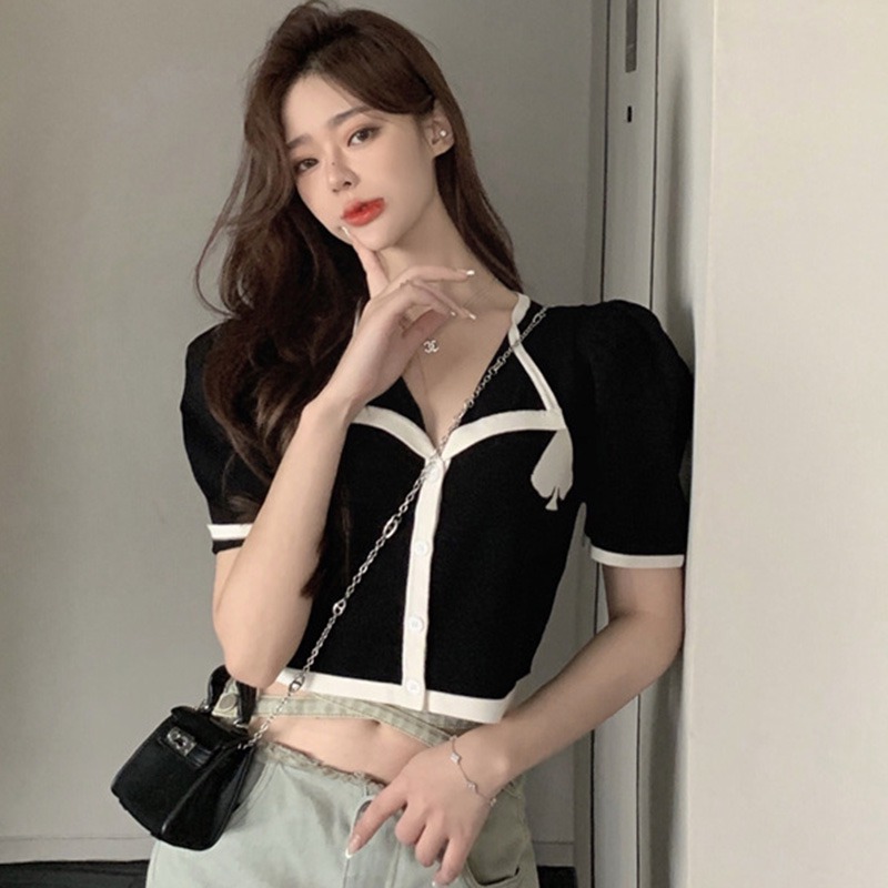 Áo Croptop Ngắn Tay Phối Nút Thời Trang Mùa Hè Cho Nữ