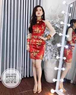 Bigsize Đầm sườn xám nhung hoa D298