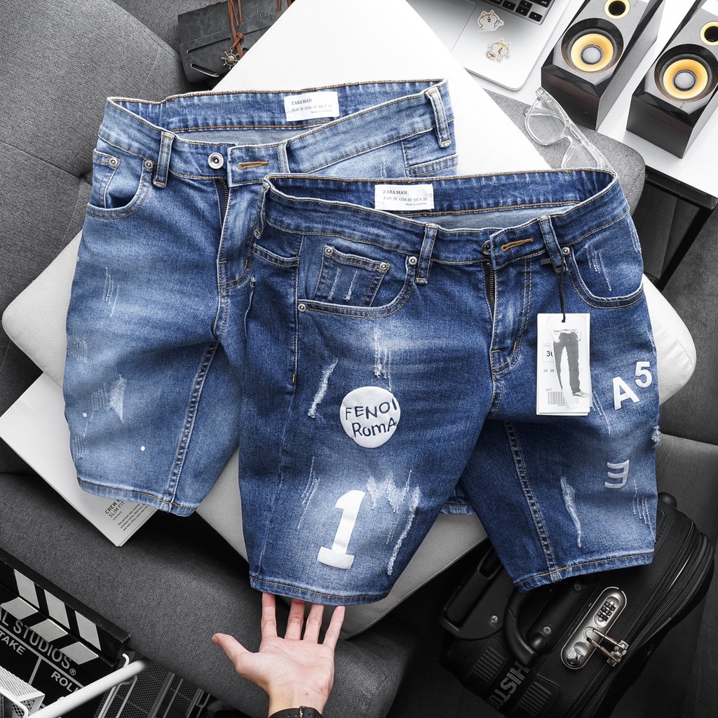 Quần Short Jean Bigsize nam màu xanh họa tiết chất bò jean co giãn slim ôm nhẹ xuất xịn