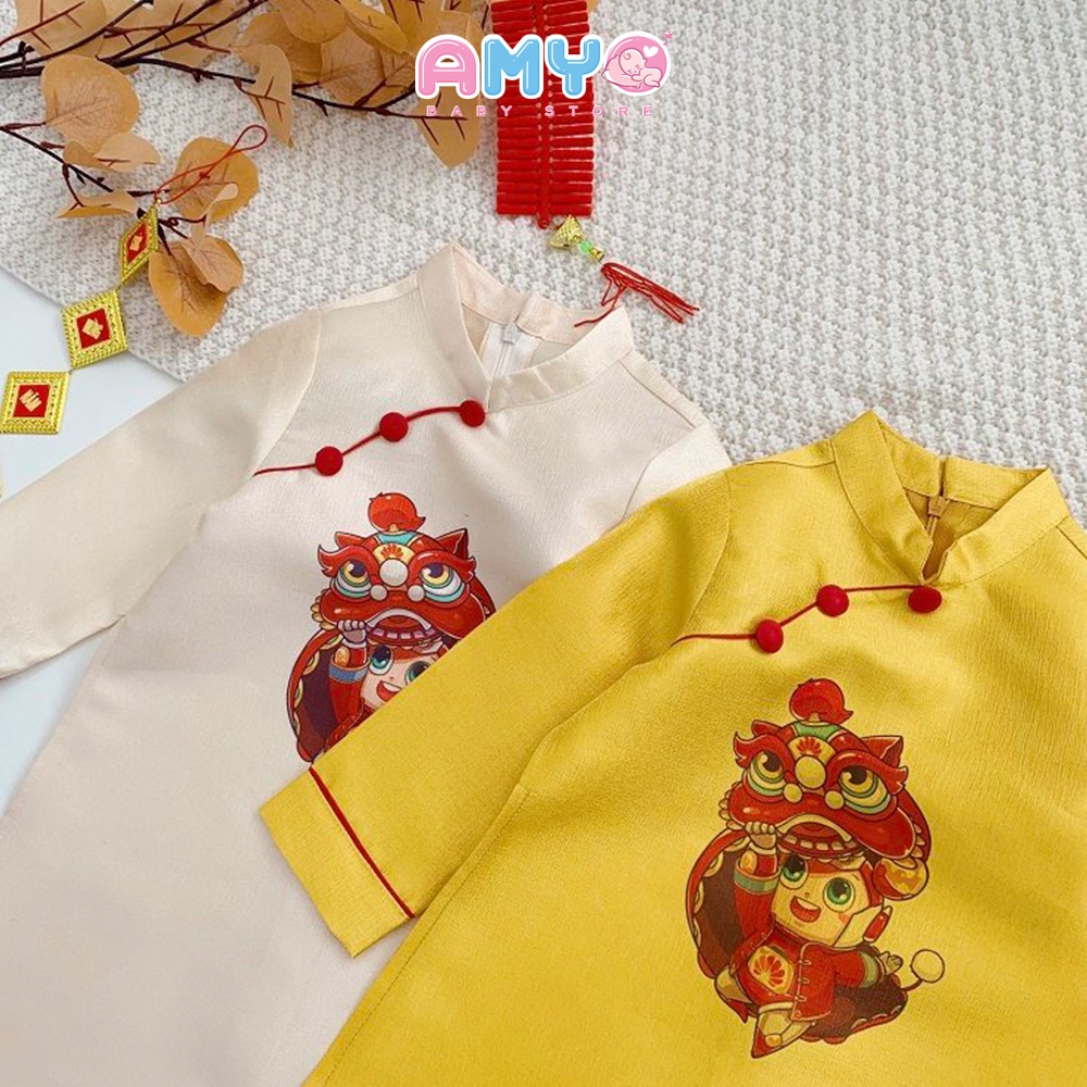 Áo dài bé trai set đồ Tết cho bé trai kèm quần lanh đen AMYO 11.BAD03.02-2