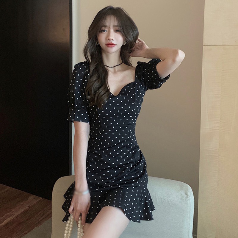 Đầm Tay Ngắn Cổ Vuông Họa Tiết Chấm Bi Phong Cách Hàn Quốc Thời Trang Mùa Hè Xinh Xắn Cho Nữ