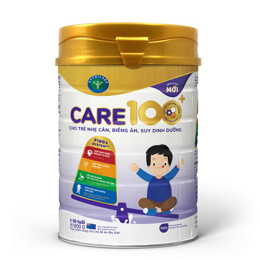 Sữa bột Nutricare Care 100+ mới cho trẻ nhẹ cân biếng ăn suy dinh dưỡng (900g)