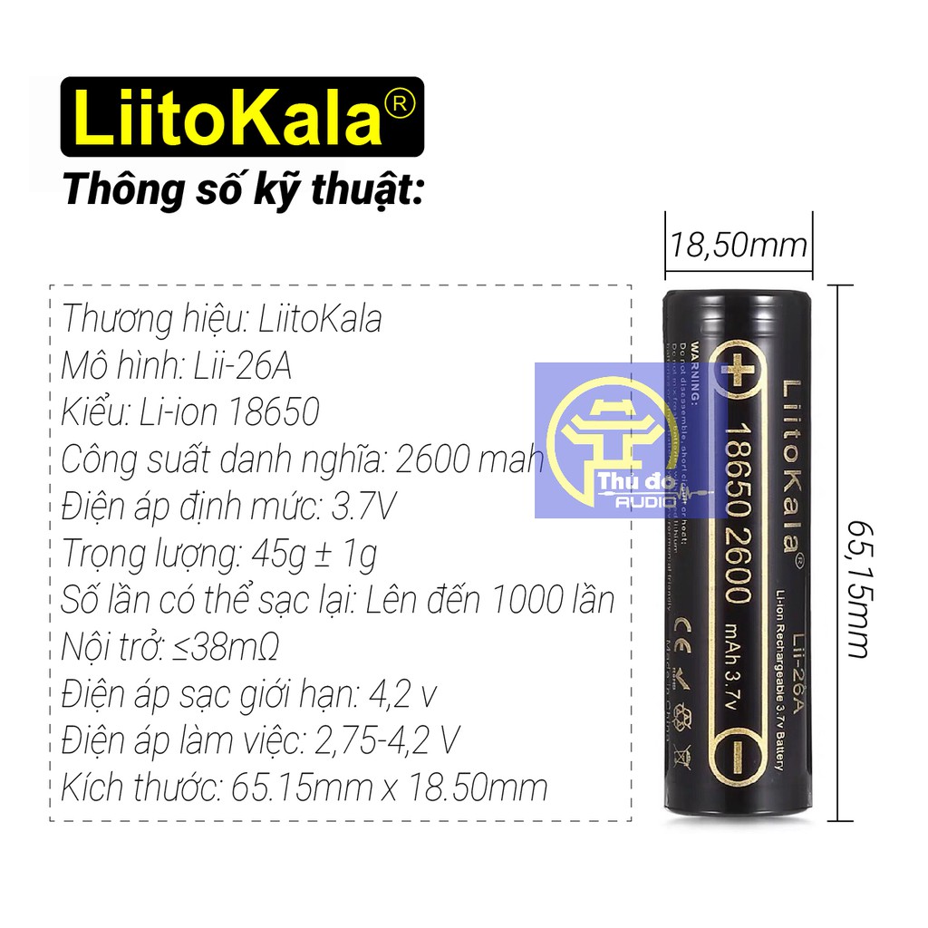 01 viên pin sạc LiitoKala Lii-26A Pin Lithium-ion 3.7V 18650 2600mah cao cấp