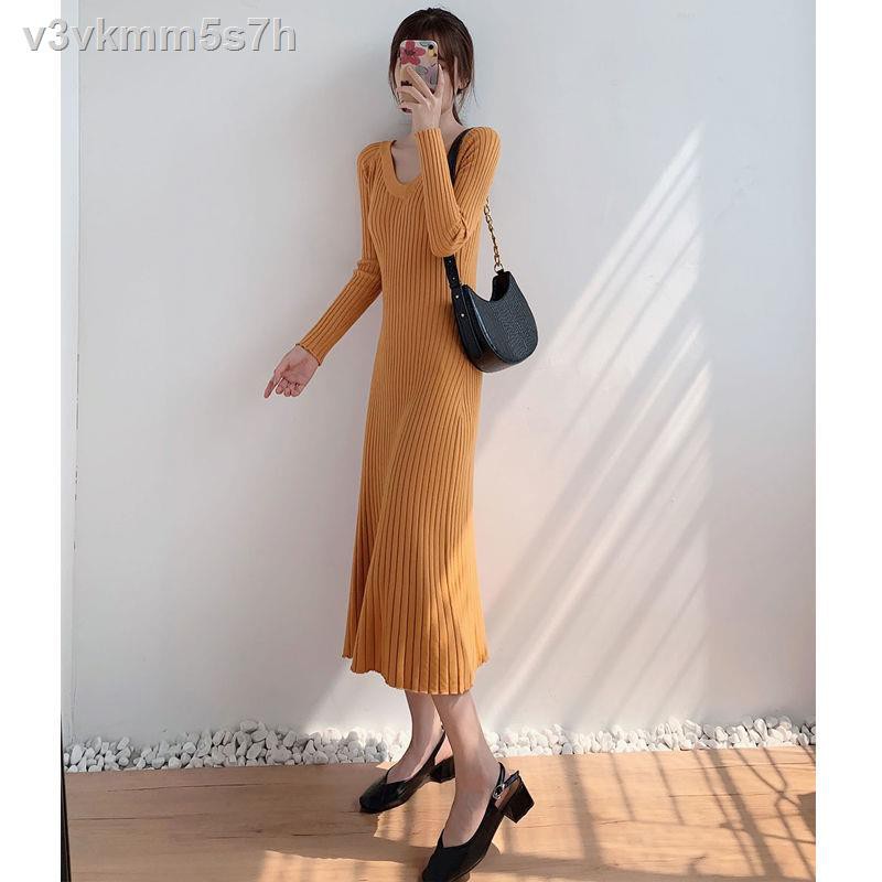 Knitted dress spring and autumn 2021 new temperament waist slimming long-sleeved bottoming skirt over the knee long fema | BigBuy360 - bigbuy360.vn