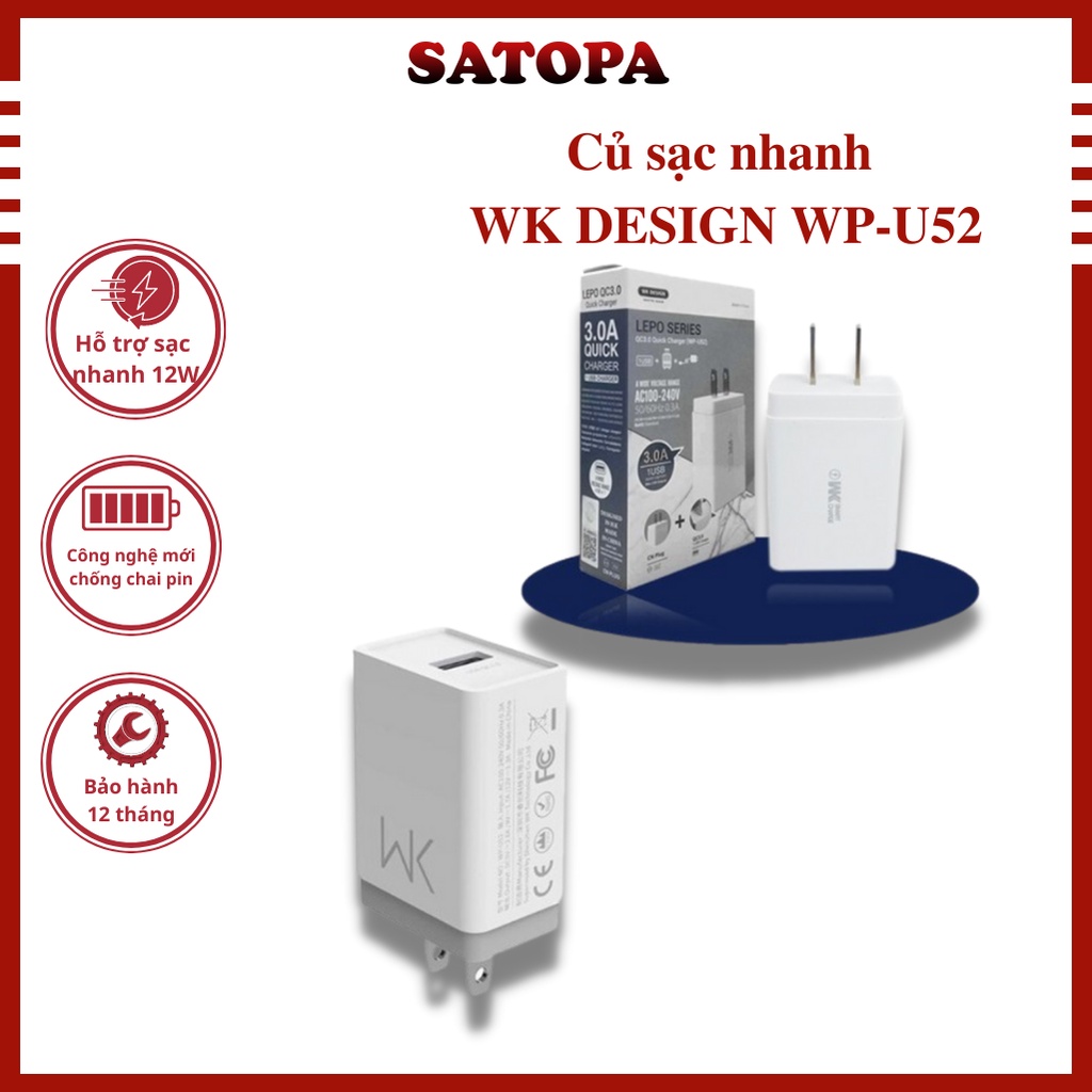 Cốc Sạc Nhanh Wk Design WP U52 QUICKCHARGE 3.0 dung cho androi iphone xiaomi công suất 18W - SATOPA OFFICIAL