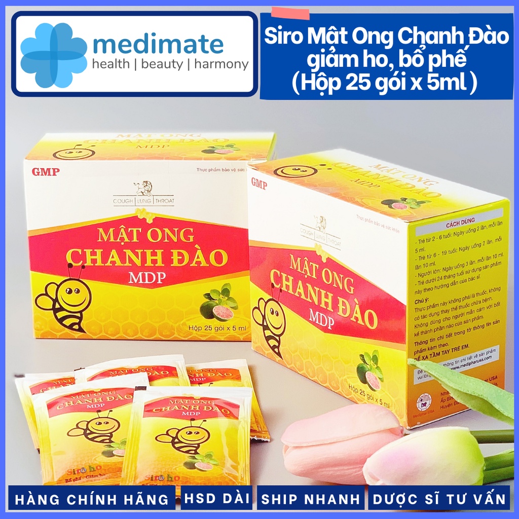 Siro Mật Ong Chanh Đào MDP giảm ho, giảm đau họng, giúp bổ phế (Hộp 25 gói, mỗi gói 5ml)