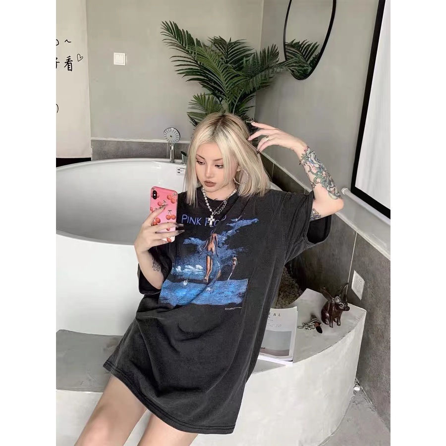 Áo thun hình nhóm nhạc Pink Floyd biển vải sờn ngắn tay dáng rộng phong cách retro thường ngày cho cặp đôi