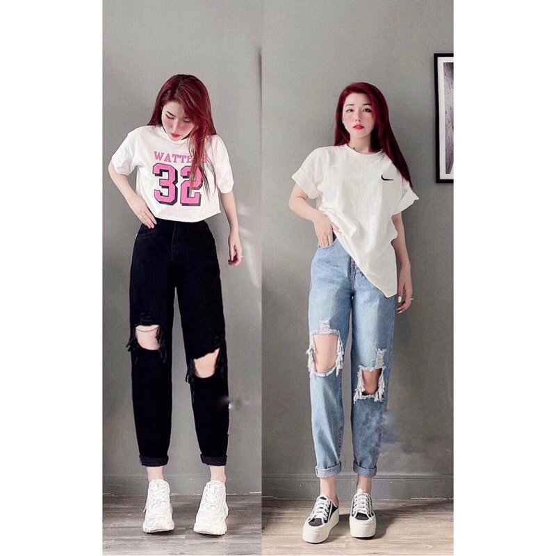 Quần Baggy Rách BigSize Lưng Siêu Cao Có 2 Màu Đen 3118 - Xanh Đá Mã 3117