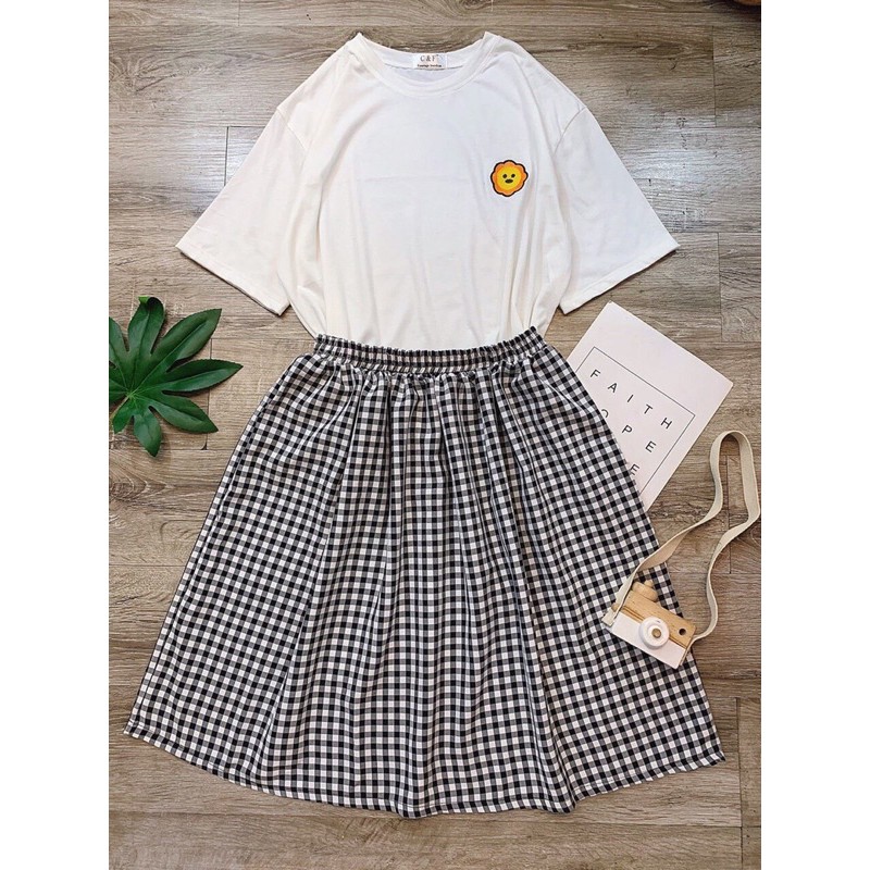 Set váy caro đen + áo trắng [𝗛𝗔̀𝗡𝗚 𝗦𝗔̆̃𝗡 𝗚𝗜𝗔𝗢 𝗡𝗚𝗔𝗬] thêu ông mặt trời cute mặc đi học đi chơi đều đáng yêu