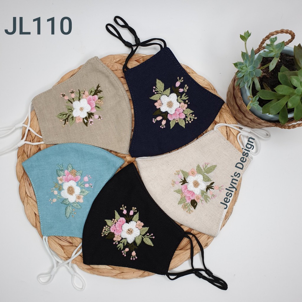 Khẩu trang thêu tay vải linen hình Hoa JL110