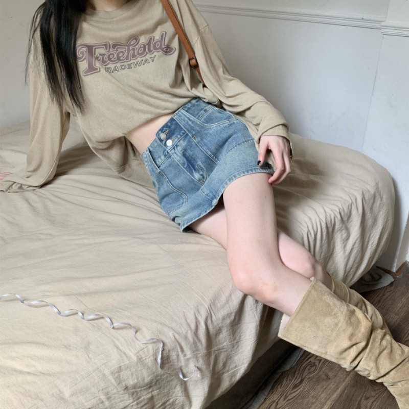 Chân Váy Jean Lưng Cao Cài Nút Đôi Phong Cách Retro Thời Trang Mùa Hè Cho Nữ