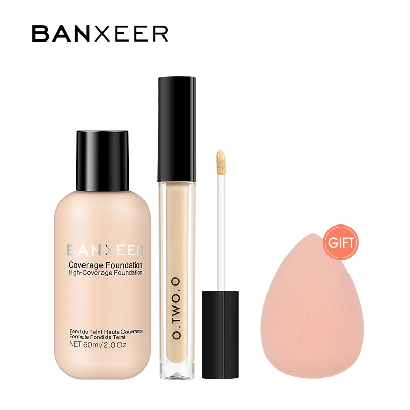 Bộ mỹ phẩm trang điểm nền hoàn hảo BANXEER gồm kem nền dạng lỏng kem che khuyết điểm và mút trang điểm